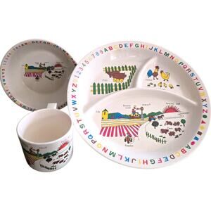 Vintage Interpur Plate Bowl and Cup Melamine Set 1985 Alphabet Farm Scene